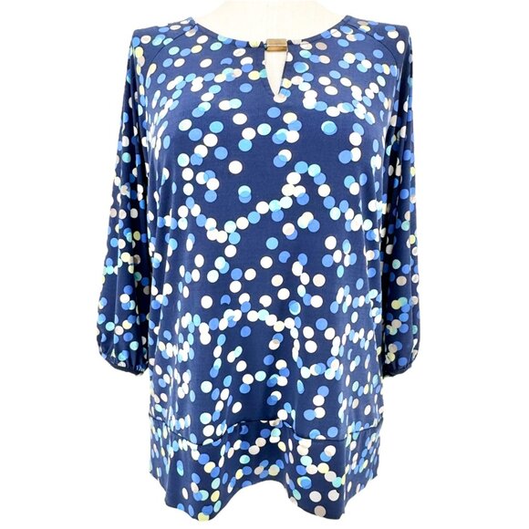 JM Collection Top Womens 2X Polka Dot Navy Blue LS Scoop Neck Keyhole Accent - Picture 1 of 9